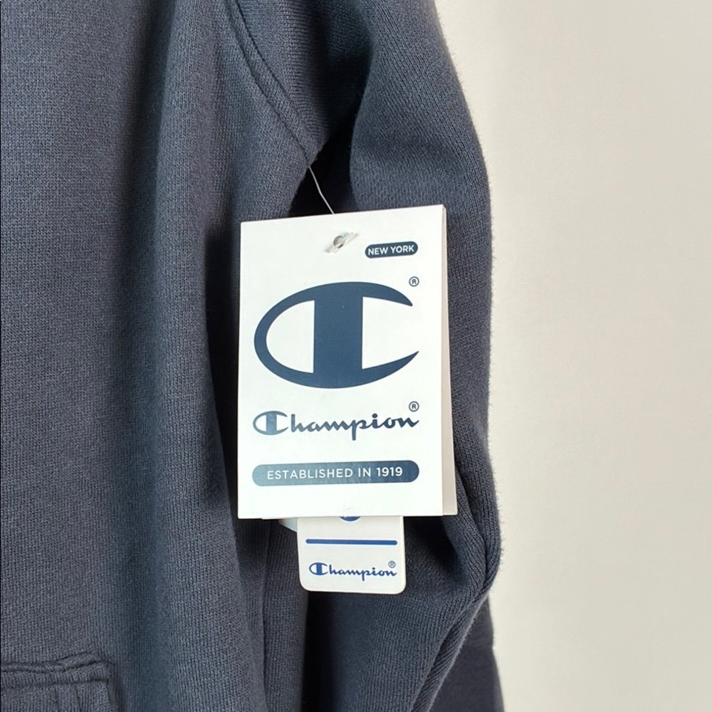 Champion Men's Dark Blue Hoodie with Red and White Logo and Kangaroo Pocket - Picture 4 of 9